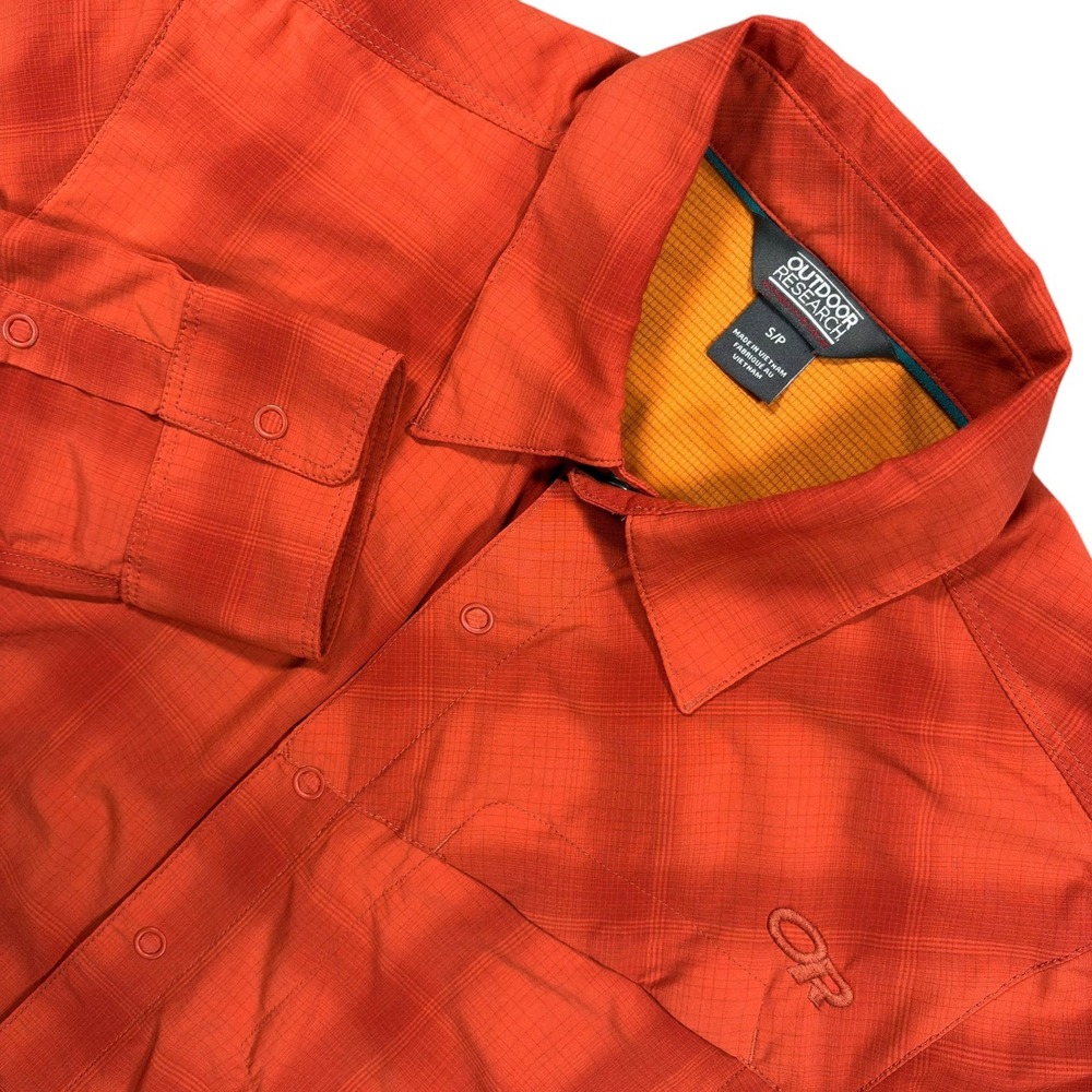 Outdoor Research Astroman Sun Shirt Mens S Orange Plaid Nylon Stretch Snap L/S